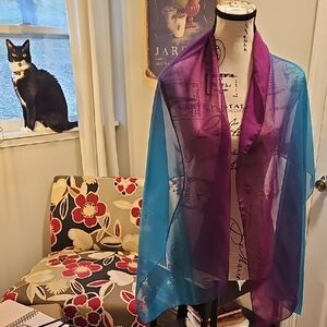 Silk Scarf/Wrap Purple & Teal, Women's. One Size Includes Pink Jewel Dragon Pin